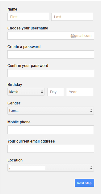 How to create a Gmail account form