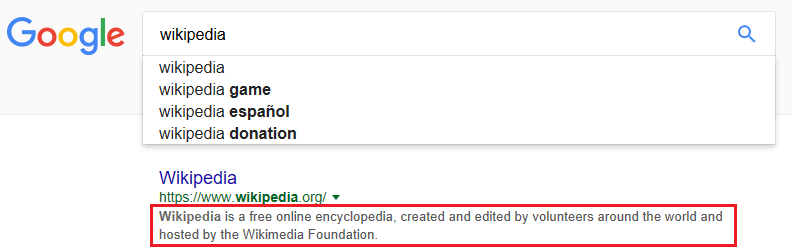 Meta description showing in google search page