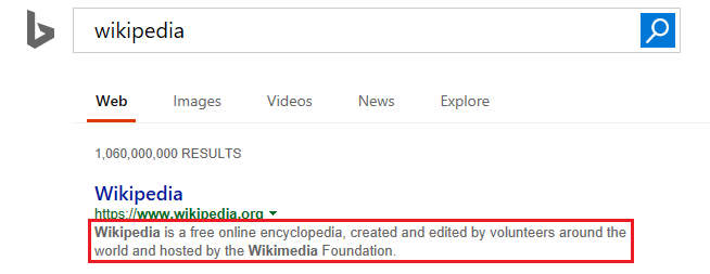 Meta description showing in bing search page