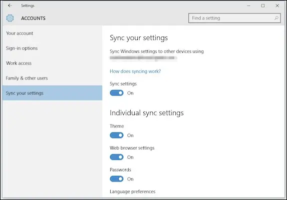 Windows 10 sync settings