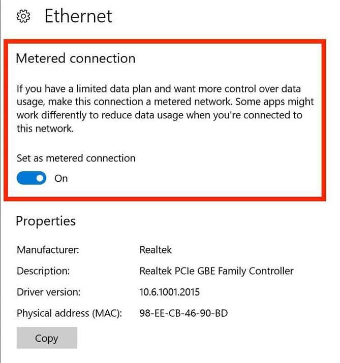 Windows-10 Metered Ethernet connection