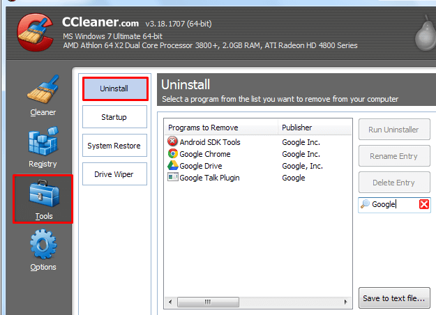 includes the Uninstall panel