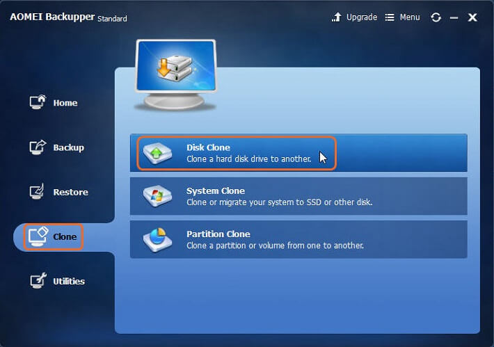 click Clone and then choose Disk Clone
