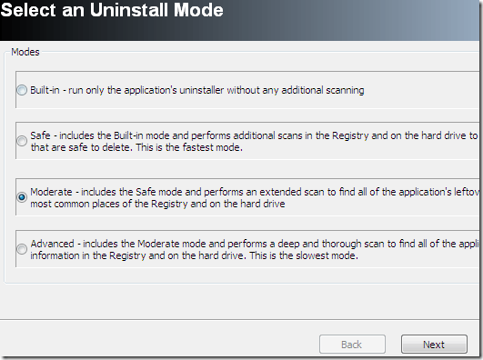 various option choose to uninstall the program