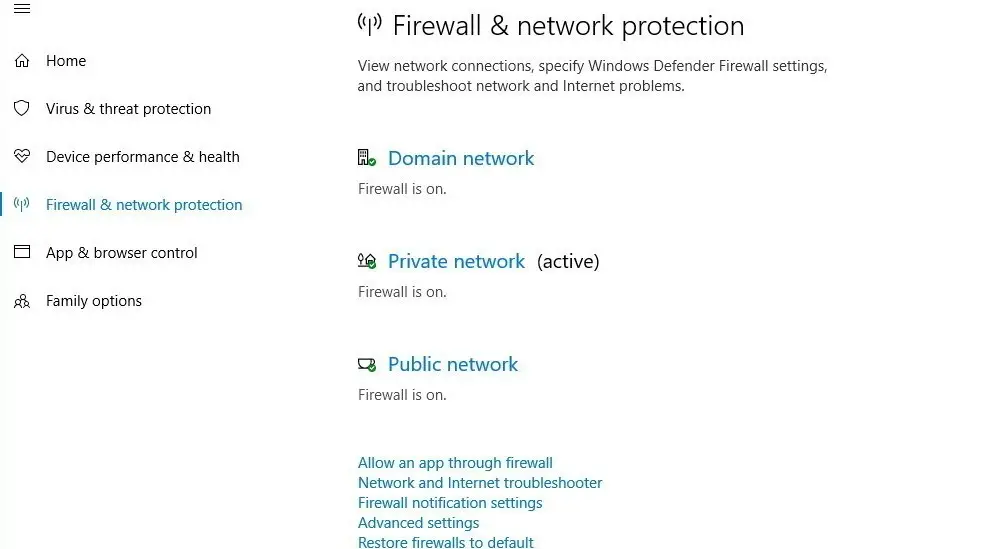 Firewall and network protection of windows 10