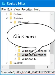 Registry Editor Windows Defender