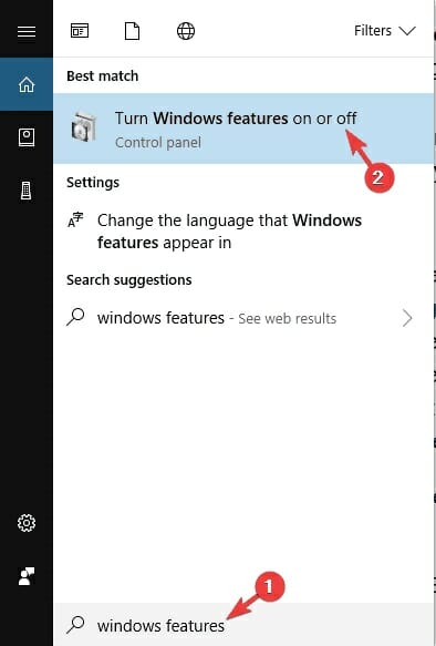 select the Turn Windows features on or off from the menu