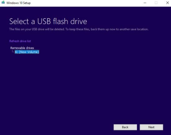 select the USB drive you want to use and press ‘Next’
