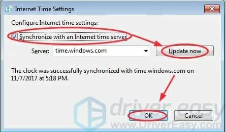 check the Synchronize with an Internet time server. Then, you have to click Update now and OK