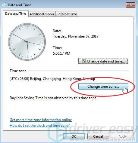 click Change time zone. You have to set the correct time in the zone and click Ok