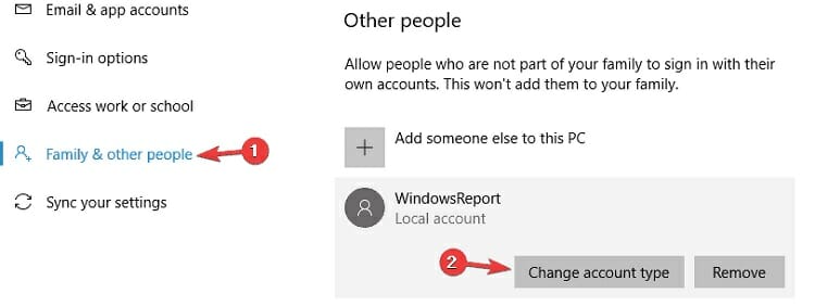 you have to select Family and other people. And, in the right pane, you have to click on Change account type