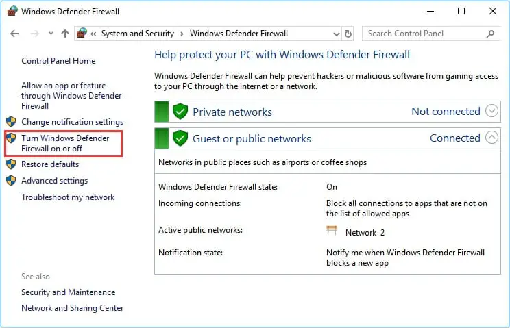 find the option Turn Windows Firewall on or off. You have to click on it