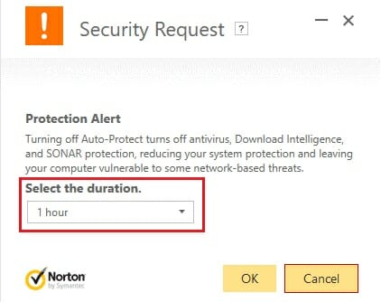 select a time duration for the disabling period of the antivirus