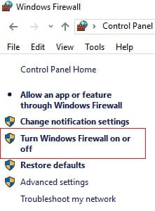 select Turn Windows Firewall on or off there