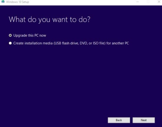 ‘What do you want to do’ page, choose ‘Upgrade this PC now’, and then click ‘Next’.