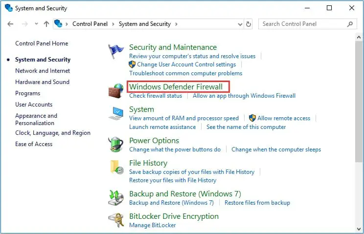 click on the Windows Defender Firewall option