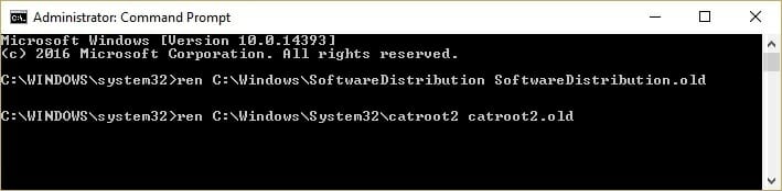 type the command ren X:\Windows\SoftwareDistribution SoftwareDistribution.old