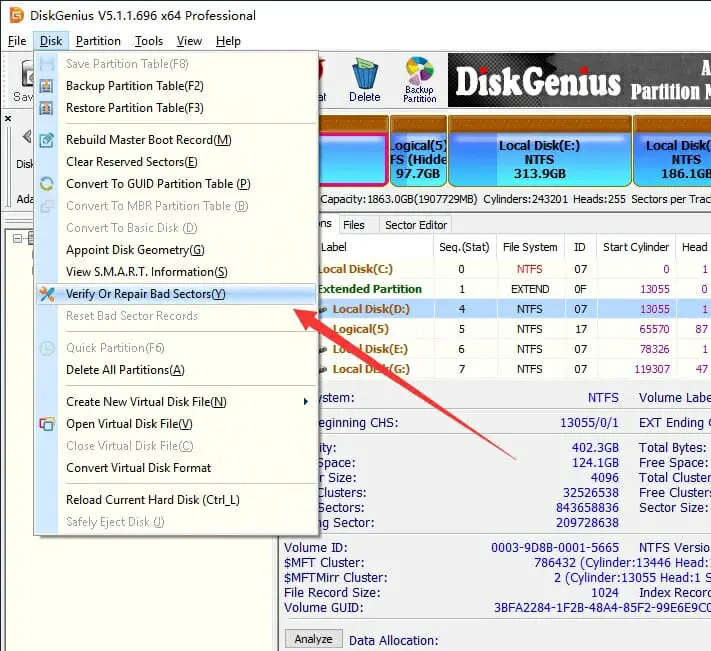 go to Disk and select Verify or Repair Bad Sectors