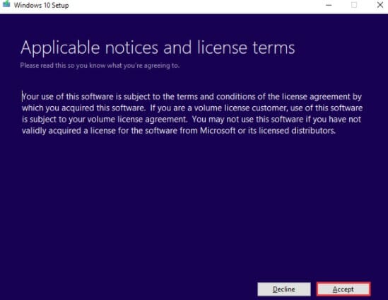 read the license terms and press the ‘Accept’ button