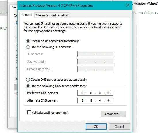 set the value of the DNS server to 8.8.8.8 and set the Alternate DNS Server to 8.8.4.4