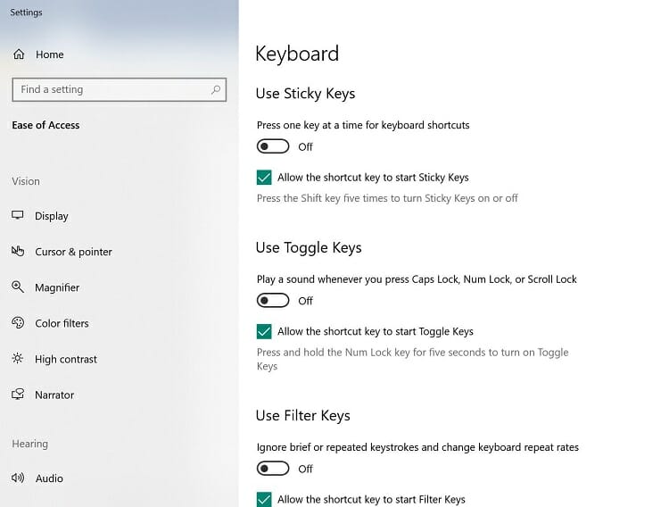 find a toggle switch under the option ‘Use Sticky Keys’. Turn it off