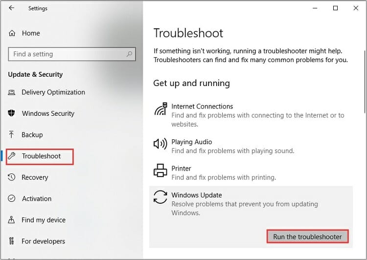 choose Run the troubleshooter to start the operation