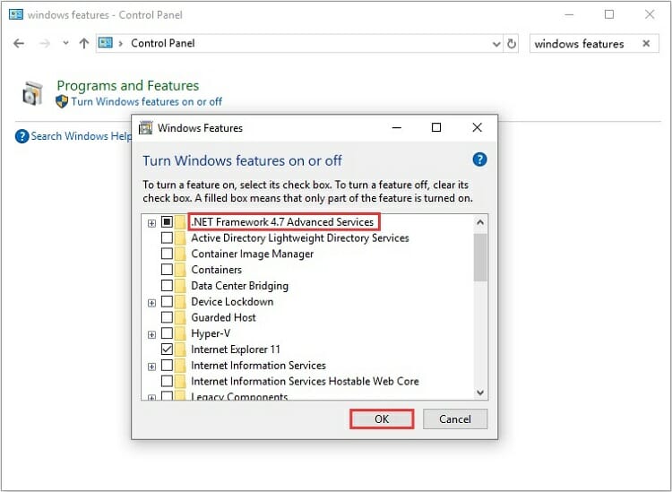 check the box next to the .Net framework 4.7 Advanced Services and then, you have to click on OK