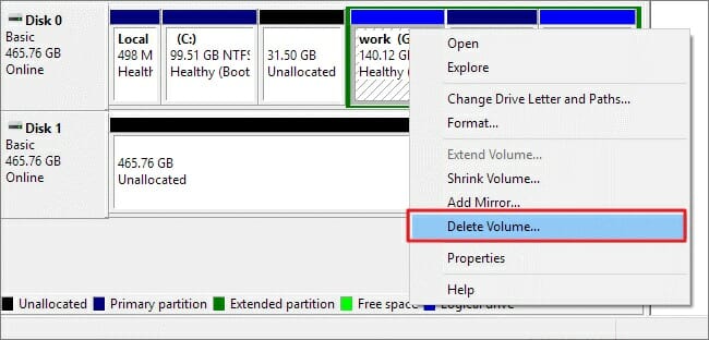right-click one volume and select Delete Volume