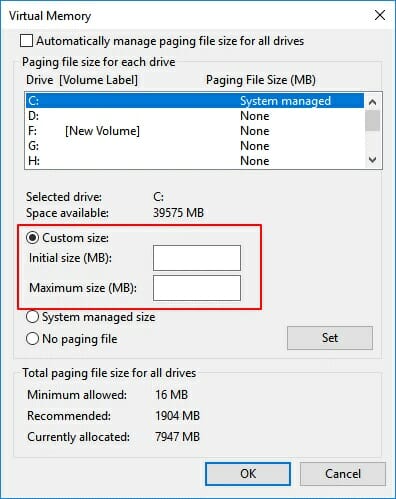 select the C drive and check the Custom size option