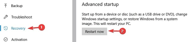 In the Advanced startup, you have to click on Restart Now
