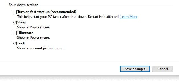 go to the Shutdown settings section and make sure the Turn on fast startup (recommended) is not checked