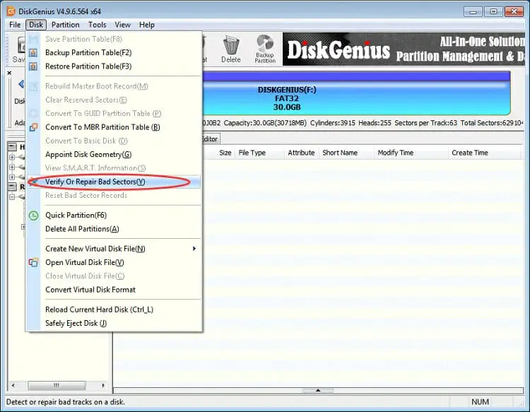 you have to click the Disk menu and select Verify or repair Bad sectors from the menu