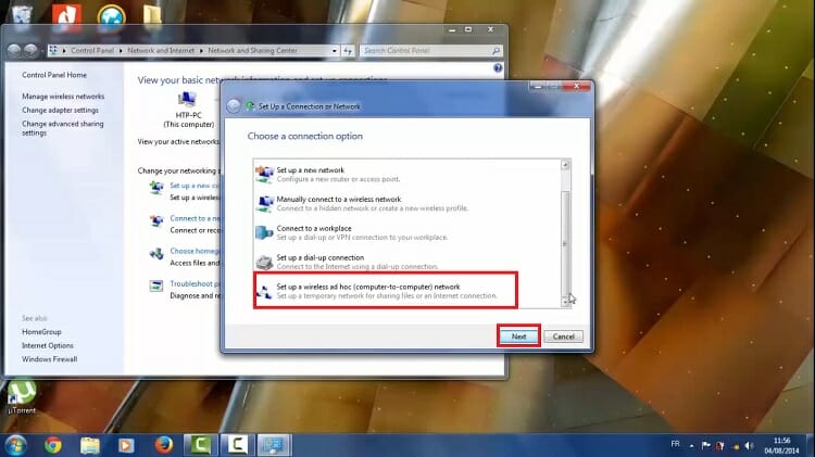 hit the ‘Set up a wireless ad hoc (computer-to-computer) network’ option and then Next