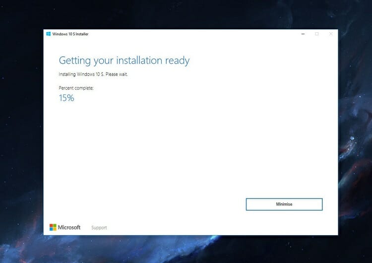 the installer will start downloading the Windows 10s