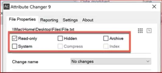 For enabling or disabling different device attributes such as a secret file or read-only access on the tab of the file properties