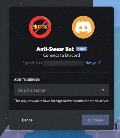 select a server for the Discord bot