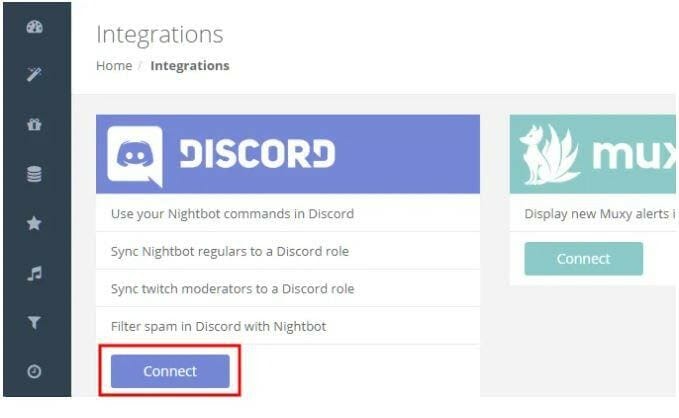 to bind Nightbot to your Discord account, go to the Discord tab and press the Attach icon