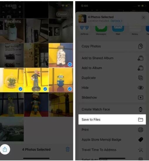 press the Share button, and a Save to Files option will appear in the share sheet, allowing you to add photos to the file app