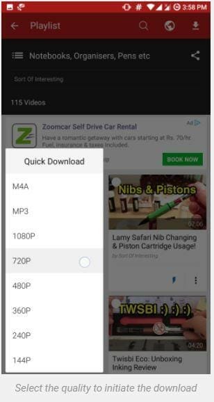 Click the tiny lightning icon below each video thumbnail to pick the quality of the download and begin the download process once you've arrived at the app