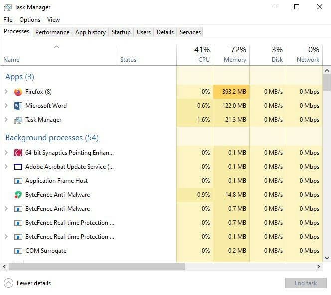 you can see the running programs (Name), CPU, Memory, Disk, and Network