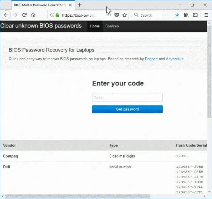 Visit the website of the BIOS passwords on your phone or any other computer