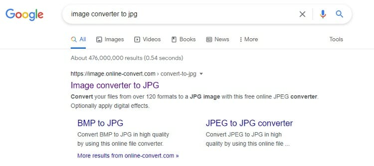 Go to ‘Google’ and search for ‘image converter to jpg’.