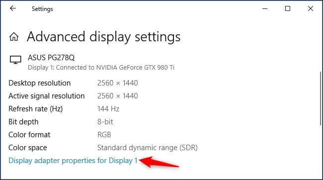 find an option called Display adapter properties for display 1.
