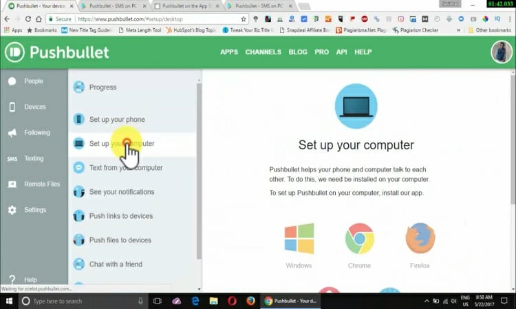 go back to the Pushbullet main interface for setting up your computer.