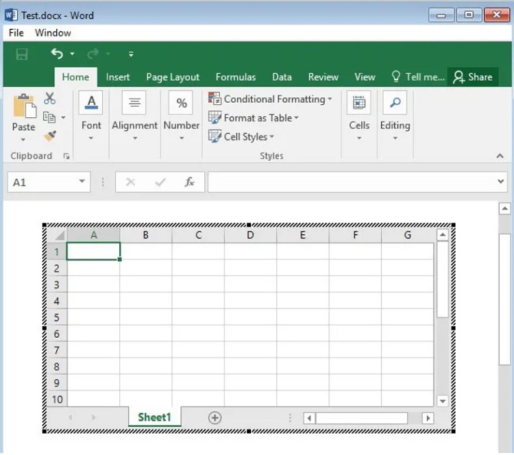 it inserts a floating sheet and loads the whole Excel menu in Word