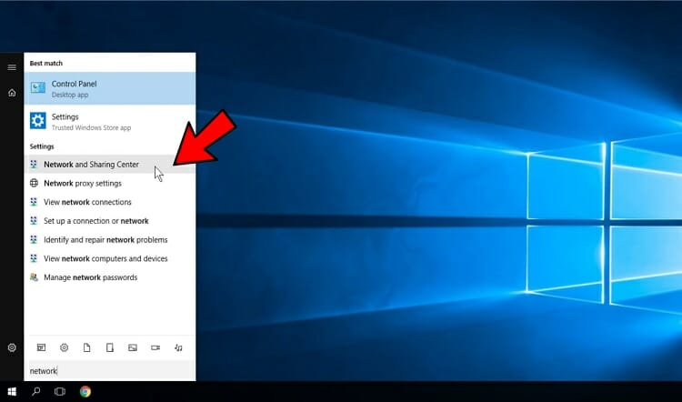 Go to the Windows search bar and search for ‘Network and Sharing Centre’. Click on it when you find this option.