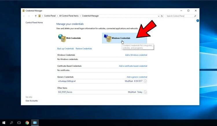 Select the ‘Windows Credentials’ option on the right side.