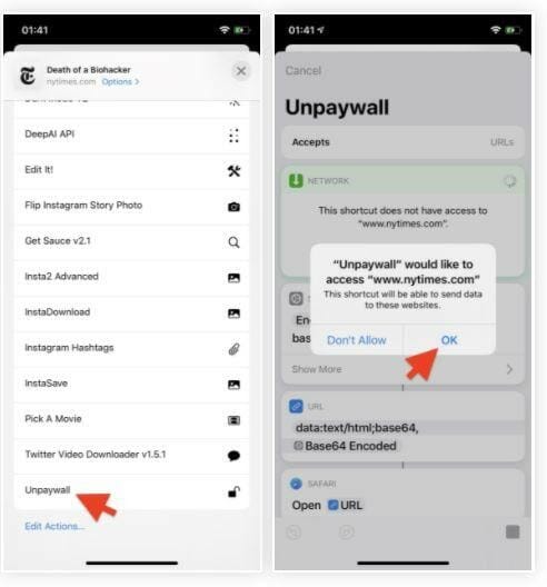 Scroll down the Share Sheet to see all of your shortcuts, then touch "Unpaywall,"