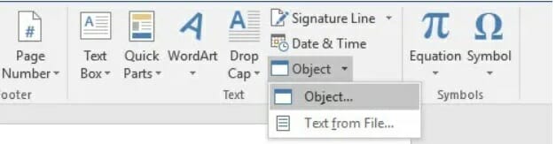go to the Word, and click on the Insert tab. Then, you have to click on the Object and select Object from the dropdown.