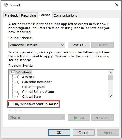 Select the Play Windows Startup sound option in the Sounds panel and select it